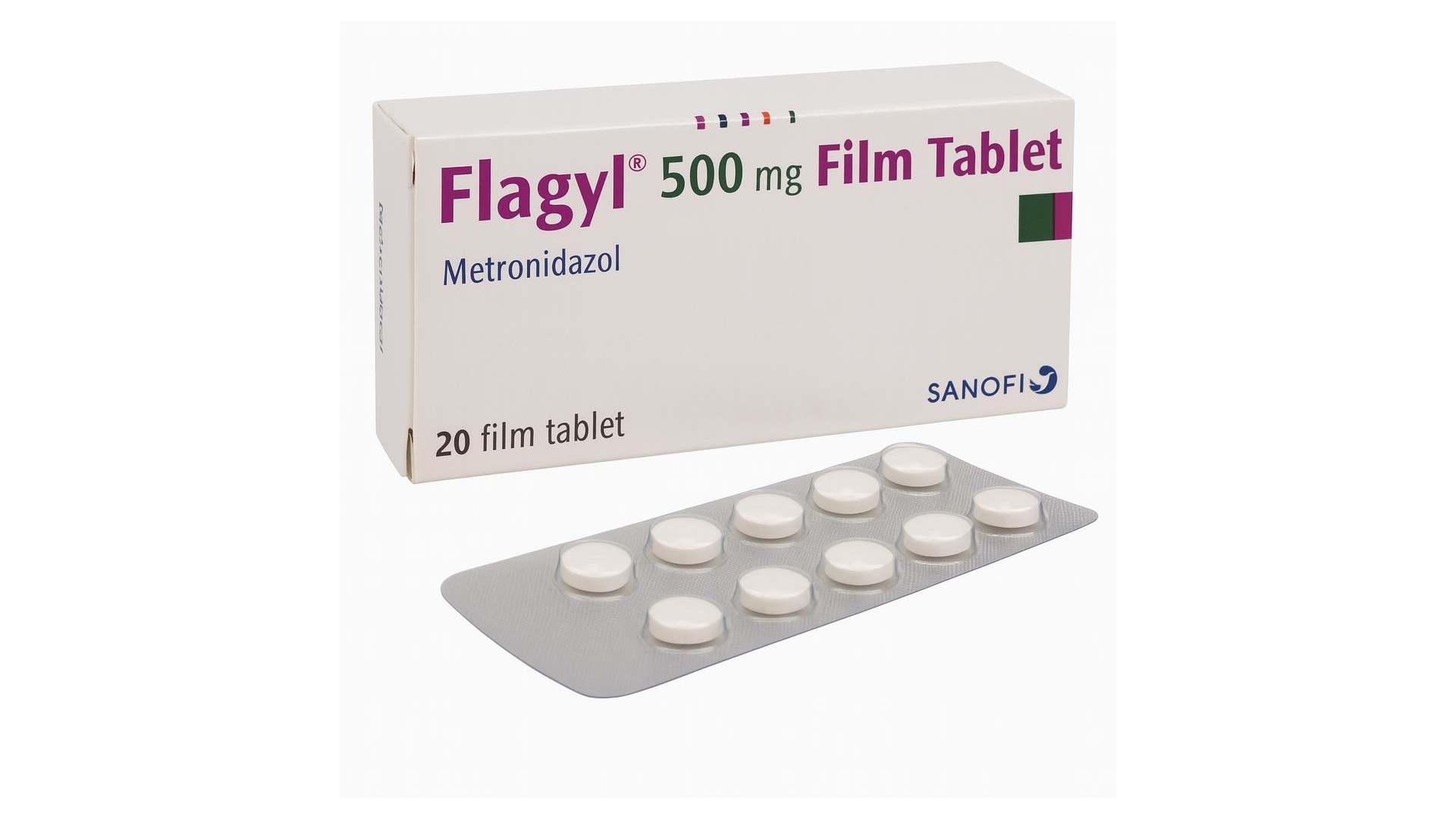 Sanofi Flagyl 500 mg metronidazole film-coated tablets with branded box and blister pack