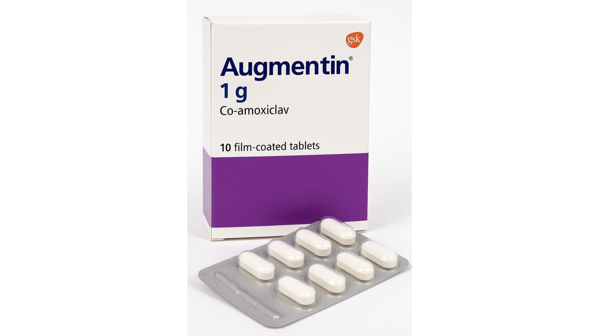 GSK‑branded Augmentin 1 g Co‑amoxiclav antibiotic pack with 10 film‑coated tablets