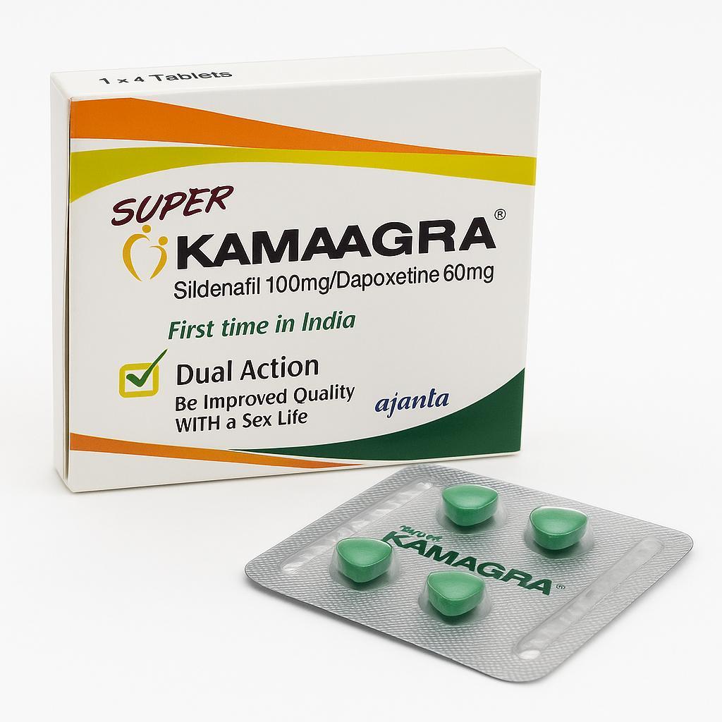 Blister pack of Super Kamagra 100/60mg used for erectile dysfunction and premature ejaculation