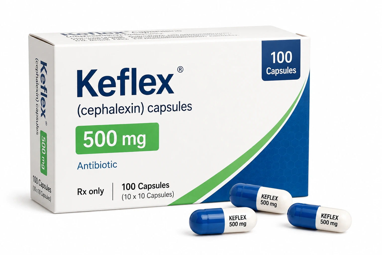 Illustrative Keflex cephalexin 500 mg capsule packaging